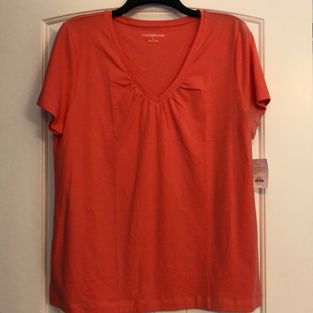 Croft & Barrow Top Women's Size Large Salmon Orange Pink V Neck NWT